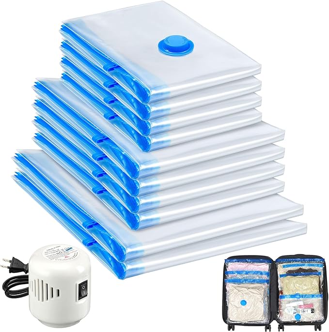 10 Pack Travel Vacuum Storage Bags With Electric Pump, Vacuum Seal Bags for Clothing, Vacuum Sealer Bags for Luggage, Travel 