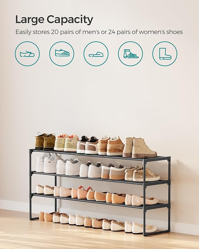 SONGMICS Shoe Rack, 3-Tier Shoe Organizer, Metal Storage Shelf, Upright or Upside Down, for 20-24 Pairs, Stackable, for Entry