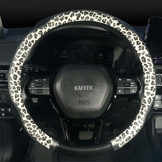 KAFEEK Cream Leopard Steering Wheel Cover for Women, Universal 15 Inch Soft Microfiber Leather Car Wheel Protector, Aesthetic