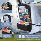 Car Backseat Organizer with table Tray, 9 Storage Pockets Backseat Car Organizer with Tablet Holder, Back seat Organizer for Kids Road Trip Essentials Travel (1Pack)