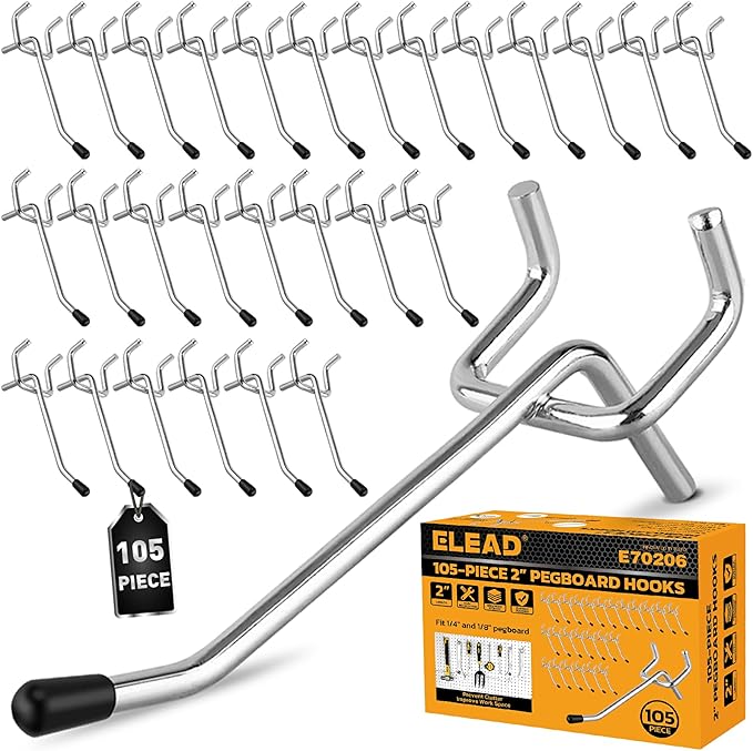 ELEAD 105-Piece 2 Inch Pegboard Hooks, Heavy Duty Peg Board Organizer Accessories, Peg Board Tool Hangers Fit for 1/4" and 1/