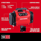 CRAFTSMAN Dual Power Tire Inflator Portable Air Compressor, 12V DC Car Plug & 120V AC Home Use, Up to 150 PSI with Digital Gauge & Auto Shut-Off, LED Light, Air Pump for Cars, Bikes & Inflatables