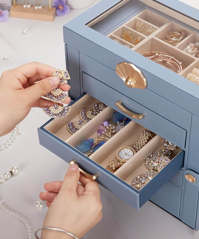 Enthralite Jewelry Box with 4 Drawers: Display Organizer for Earrings Necklaces - Gifts for Girls Women (Grey Blue)