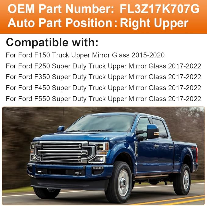 Senzeal Passenger Side Heated Upper Mirror Glass Replacement for Ford F150 2015-2020 Ford F250 F350 F450 F550 2017-2022 Tow Mirror FL3Z17K707G (Right Side)
