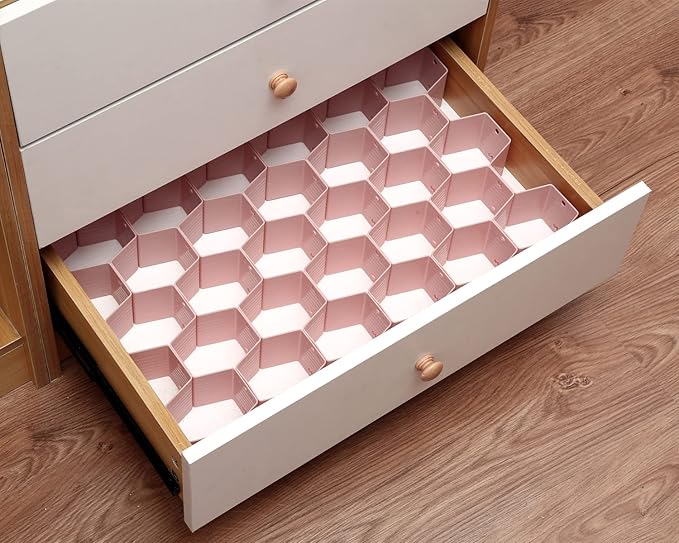 Drawer Splitter 16-piece Set Adjustable Honeycomb Organizer Tie Sock Organizer Underwear Panties Cosmetic Sorter (Pink)