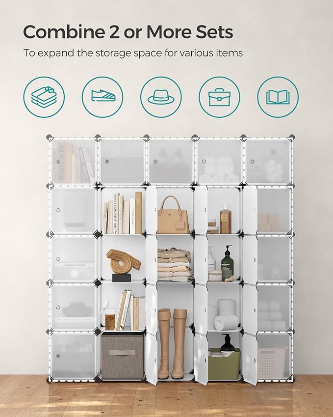 SONGMICS Cube Storage Organizer, Set of 16 Plastic Cubes, Closet Storage Shelves, DIY Plastic Closet Cabinet, Modular Bookcas