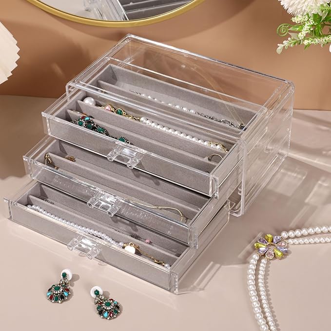 CLUQMEIK Necklace Organizer Box, Tray with Clear Lid, Dustproof Velvet Necklaces Holder Storage Display Case, Necklace Tray D