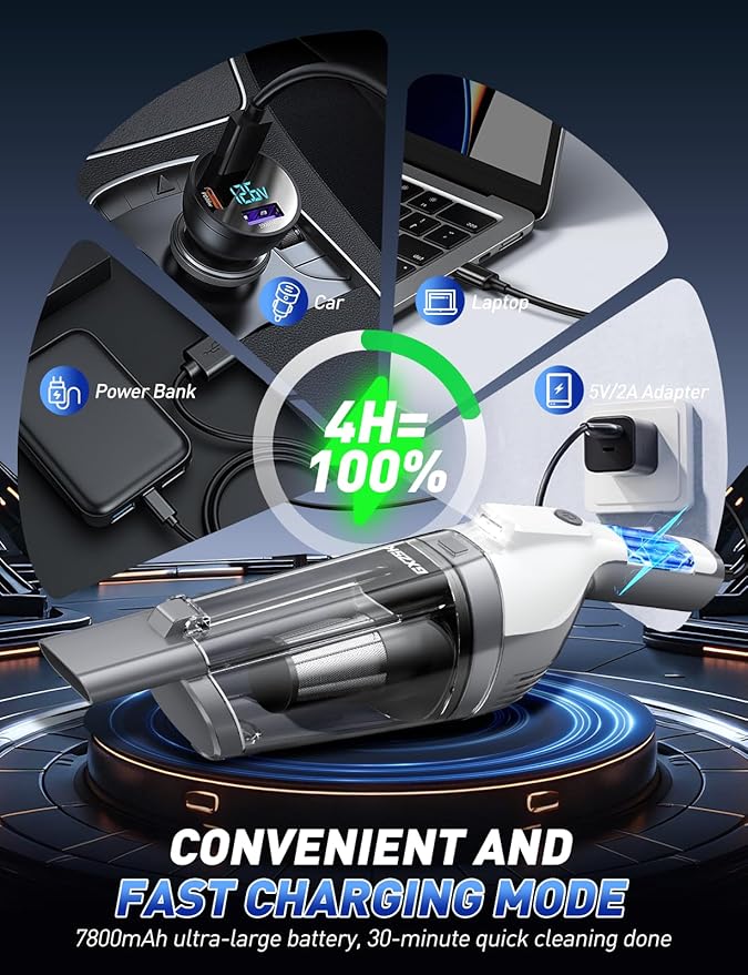 Handheld Vacuum Cordless, 15000PA Powerful Suction Hand Held Vacuum Cleaner, Car Vacuum Portable Cordless with Large-Capacity