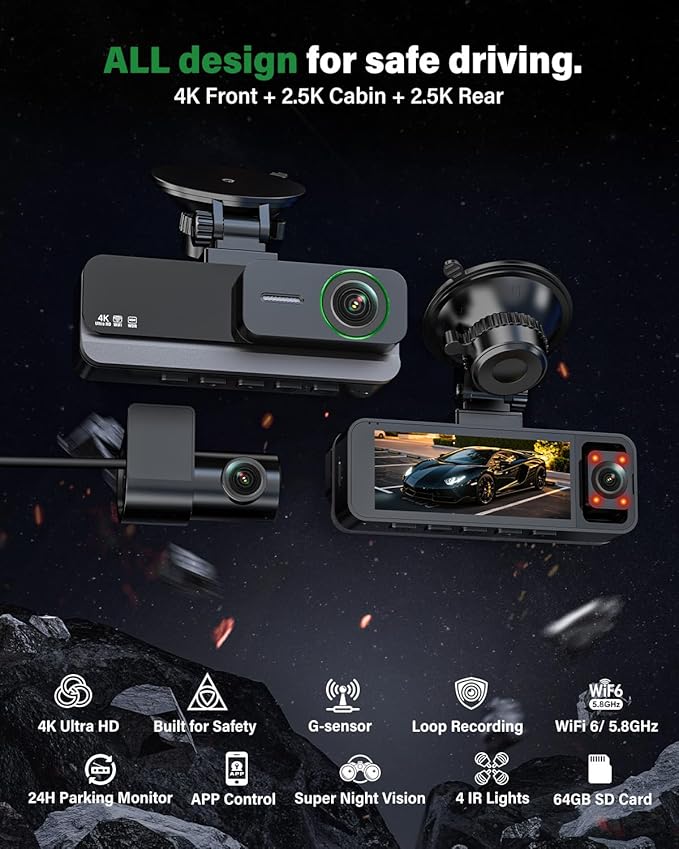 4K+2.5K+2.5K 3 Channel Dash Cam - Front/Rear/Inside - 5.8GHz WiFi 6 Dashcam with IR Night Vision, 64GB Card, 24H Parking Mode