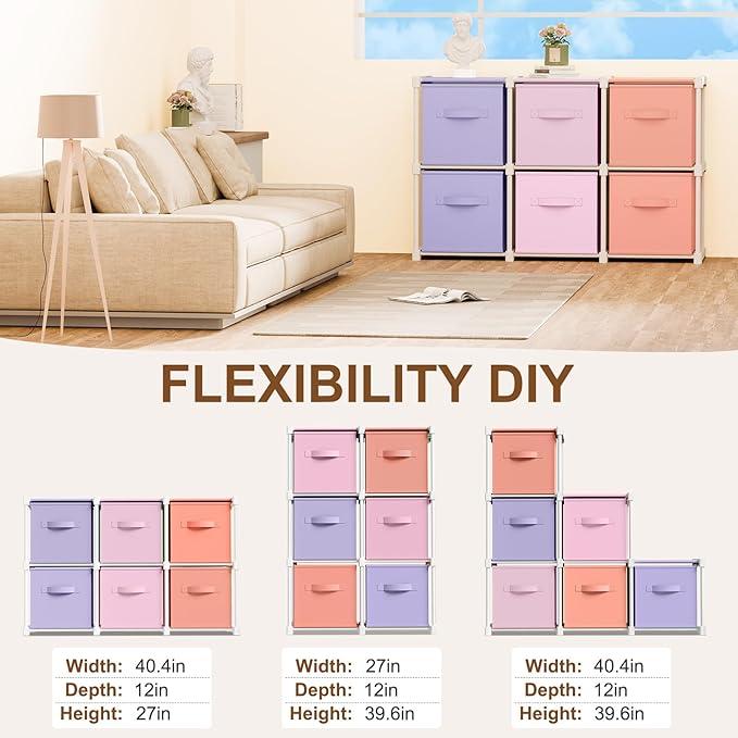 6 Cube Storage Organizer with Shelf Back to School Boxes 11 Inch Toy Storage Bins Closet Organizers Drawers Fabric Dresser fo
