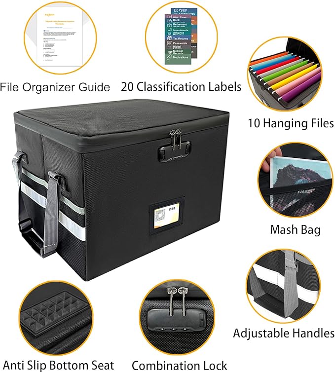 Large Next of Kin Box Organizer with Smart Labels, Fireproof Foldable File Organizer with Combination Lock, 10 Hanging Files 