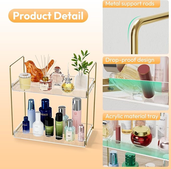 Bathroom Countertop Organizer, 2 Tier Acrylic Tray Vanity Counter Skincare Organizer Shelf, Kitchen Under Sink Standing Rack,