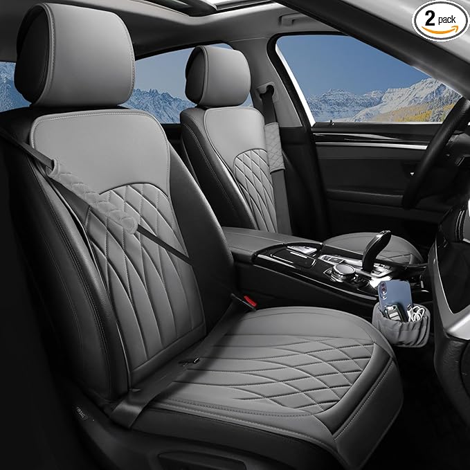 2 Pack Leather Front Car Seat Covers, Universal Sideless Car Seat Protectors with Storage Pocket and Seat Belt Pads, Waterpro