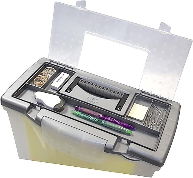 Storex Portable File Box with Organizer Lid, 17.13 x 9.63 x 11 Inches, Frosted/Silver (STX61511U01C)