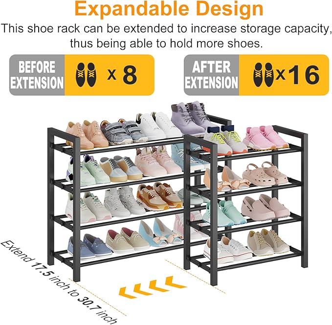 Detsuk 4-Tier Expandable Shoe Rack – Adjustable Metal Shoe Organizer for Closet, Entryway & Mudroom – Stackable, Heavy-Duty S