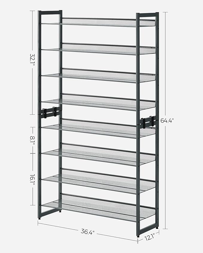 SONGMICS Shoe Rack, 8-Tier Shoe Organizer, Metal Rack for Garage, Set of 2, 4-Tier Stackable Shelf, with Adjustable Flat or A