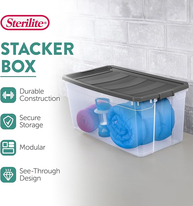 Sterilite 6-Pack Modular Stacker Box, Durable Clear Plastic Storage Bins with Latching Lids, 200 Quart - Stackable Organizing