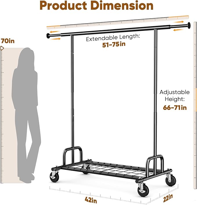 HOKEEPER Clothes Rack Collapsible Clothing Garment Rack Capacity 525LBS Clothing Racks on Wheels Heavy Duty Rolling Clothes R
