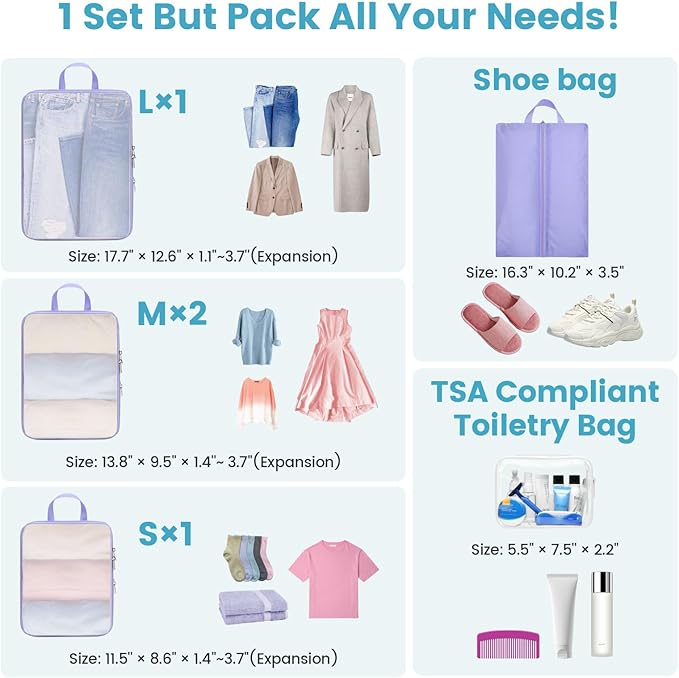 Cambond Mesh Compression Packing Cubes - 6 Piece Expandable See Through Packing Cubes for travel with Shoe and Makeup Bag, Tr