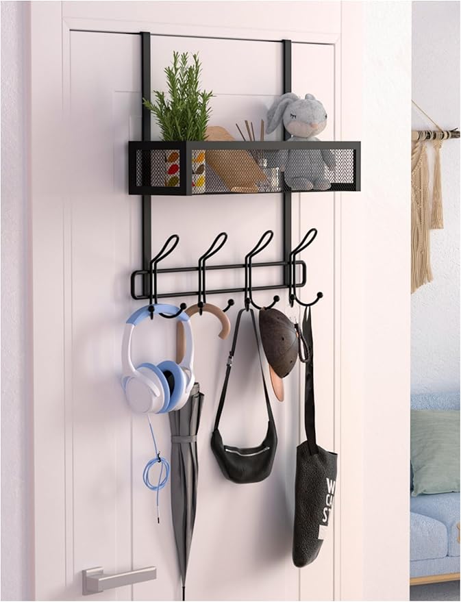 Over The Door Hooks Organizer Storage - Over The Door Hanger for Coat Rack, Storage with 12 Hook & 2 Mesh Baskets, for Bathro