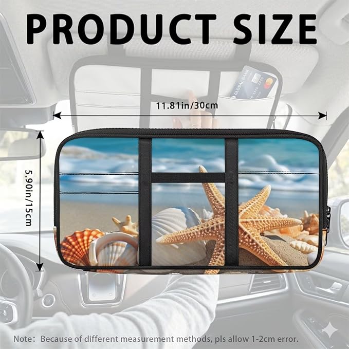 Beach Starfish Shell Car Visor Organizer Scratch-Resistant Sunvisor Organizers Auto Interior Car Accessories with Zipper Visor Storage Pouch Fits Most Vehicles, SUVs, Trucks Keep Tidy