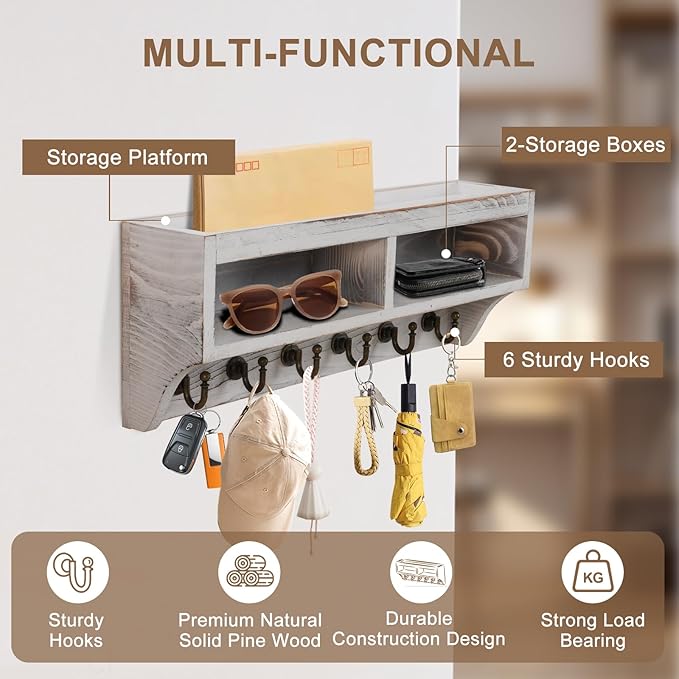 Key Holder Wall Mount - Mail Organizer Wall Mount with 6 Key Hooks and Storage Box for Sunglasses Storage and Dog Leash Holde