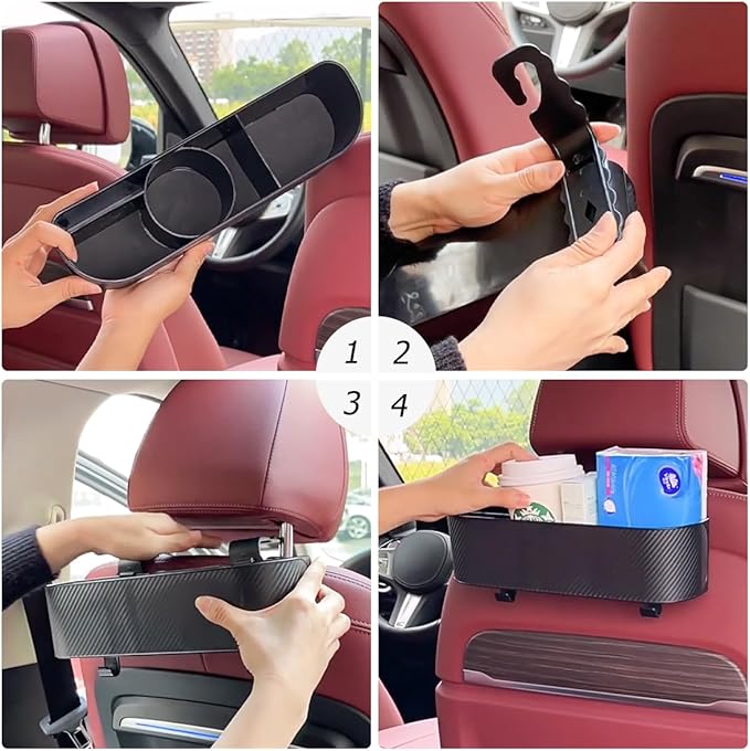 BELOMI 2PCS Car Headrest Backseat Organizer with Cup Holder, Seat Back Hanging Storage Box with Hooks, Multi-Functional Drink Pocket Food Snack Phone Tray for Kids, Car Travel Accessories（Red/2PCS）