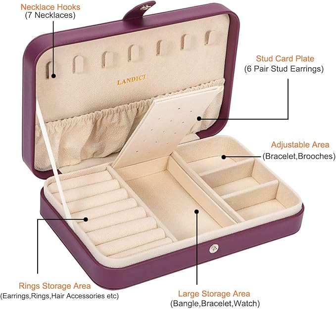 LANDICI Small Jewelry Box for Women Girls, PU Leather Travel Jewelry Case, Portable Jewelry Organizer Storage Holder Display 