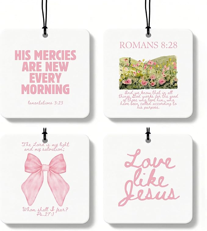 Pink Christian Car Air Freshener 4 Pcs, Coquette Pink Bow Bible Verse Religious Hanging Air Freshener for Cars Closet Drawer 