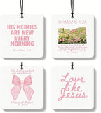 Pink Christian Car Air Freshener 4 Pcs, Coquette Pink Bow Bible Verse Religious Hanging Air Freshener for Cars Closet Drawer 