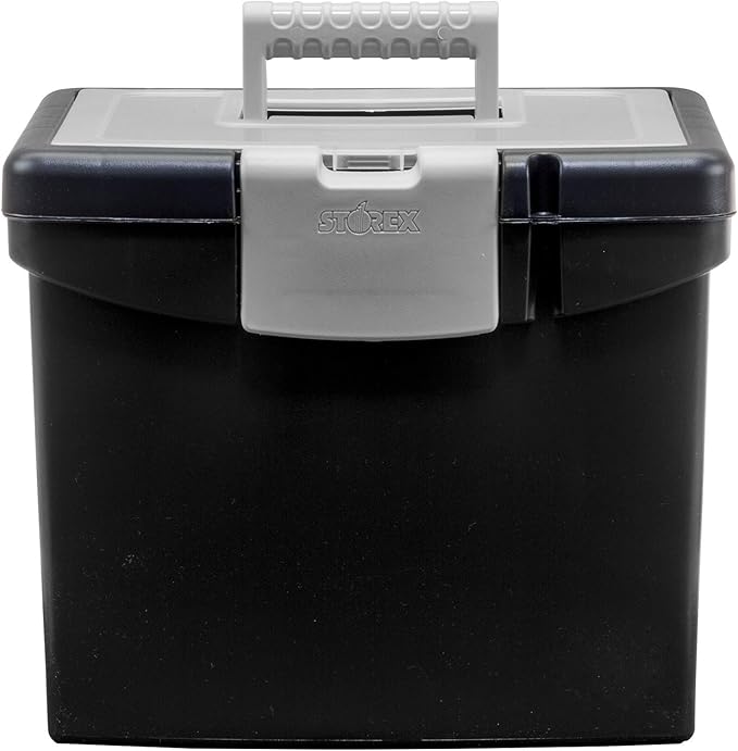 Storex 61504B02C Portable File Box with XL Lid, 11 x 13-1/2 x 11 Inches, Black (Pack of 3)