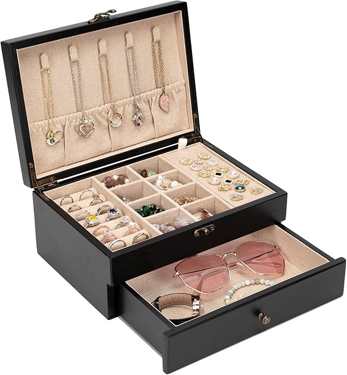 Pinzoveco Jewelry Box for Women, Rustic Wooden Jewelry Organizer Box for Storage Earrings Rings Necklace Bracelet, Farmhouse 
