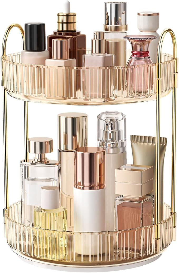 360° Rotating Makeup Organizer, Large Capacity Skincare Organizer, 2 Tier Cosmetic Skin Care Perfume Dresser Organizer, Fits 