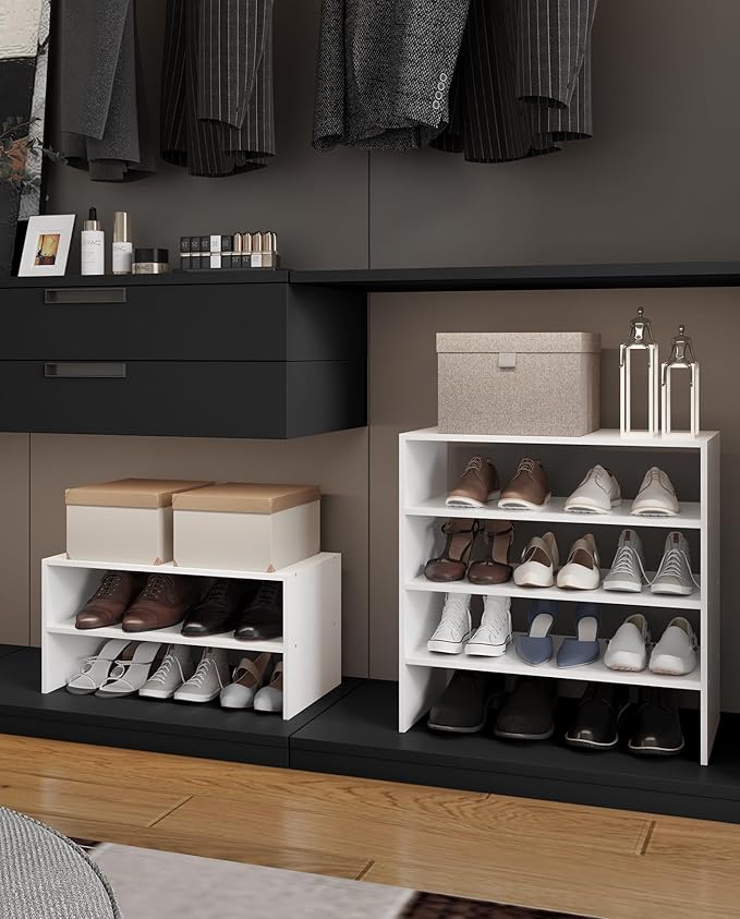 2-Tier Stackable White Shoe Rack, Wooden 2-Shelf Shoe Organizer Freestanding Shoe Storage Stand for 6-9 Pairs, Perfect for Cl