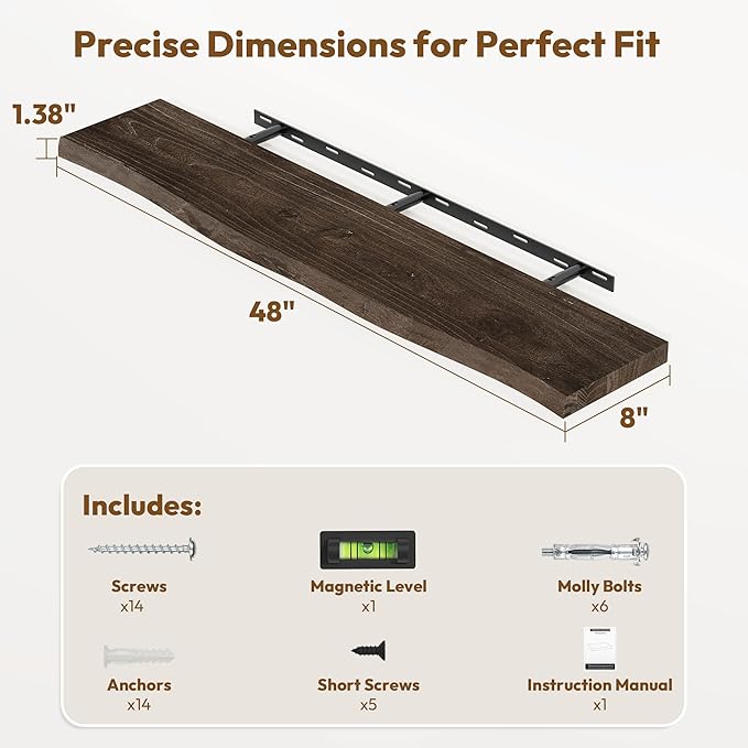 Vivelove Live Edge 48 Inches Floating Shelves for Wall, Elm Wood, Rustic Farmhouse Wall Shelf with Invisible Bracket for Livi