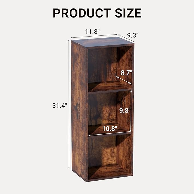 Book Shelf, 3 Cube Storage Organizer, Open Shelves Bookcase 9.3”x 11.8” x 31.4”, Bookshelf for Living Room, Bedroom, Home Off
