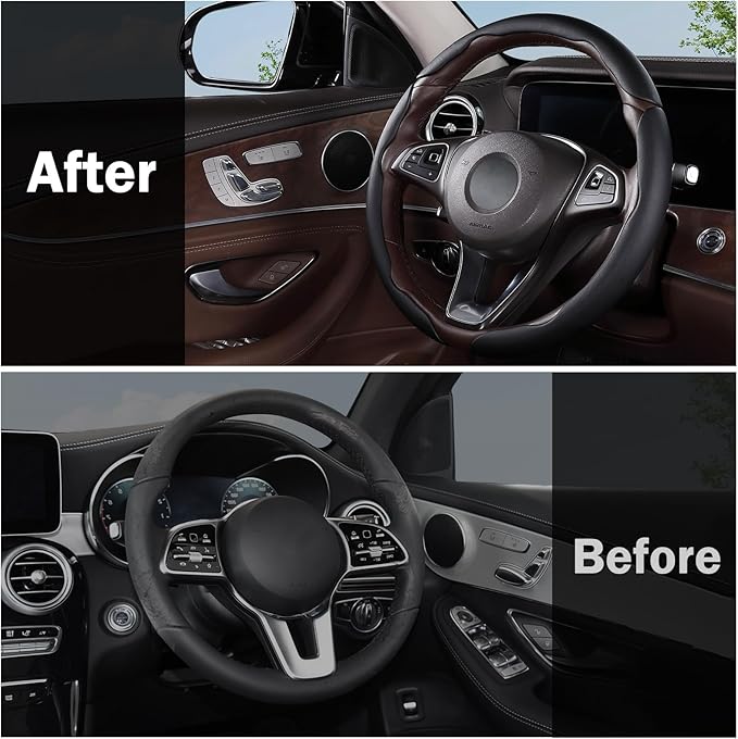 Car Steering Wheel Cover Leather Snap On 3Pcs Set Non-Slip Protector Wrap Steering Wheel Accessories 14.5-15 inch Universal B