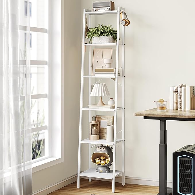 Hzuaneri Ladder Shelf, Bookshelf Bookcase, Freestanding Corner Storage Shelve with 2 Hooks for Home Office, Living Room, Kitc
