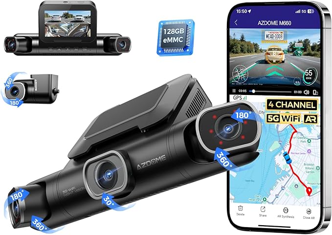 AZDOME 360° 4 Channel Dash Cam Front and Rear Inside, Built-in 128GB eMMC, 2K+1080P*3 Dashcam, Left Right, Voice Control, 5G 