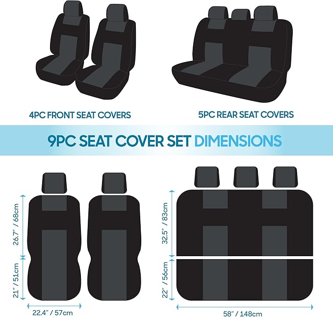 BDK PolyPro Car Seat Covers Full Set in White on Black, Front and Rear Split Bench Seat Covers for Cars, Easy to Install Car 