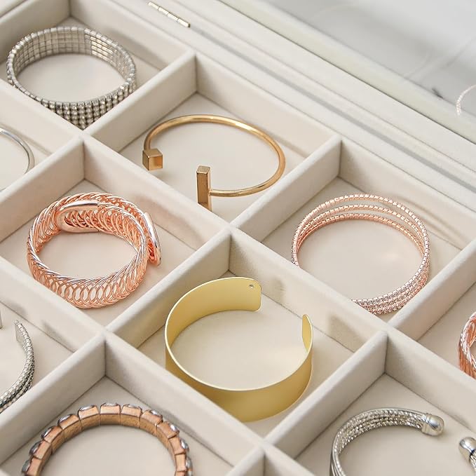 Coward Jewelry Organizer Box, Beige Velvet 12 Grids Bracelet Bangle Necklace Jewelry Display Tray Case with Transparent Glass