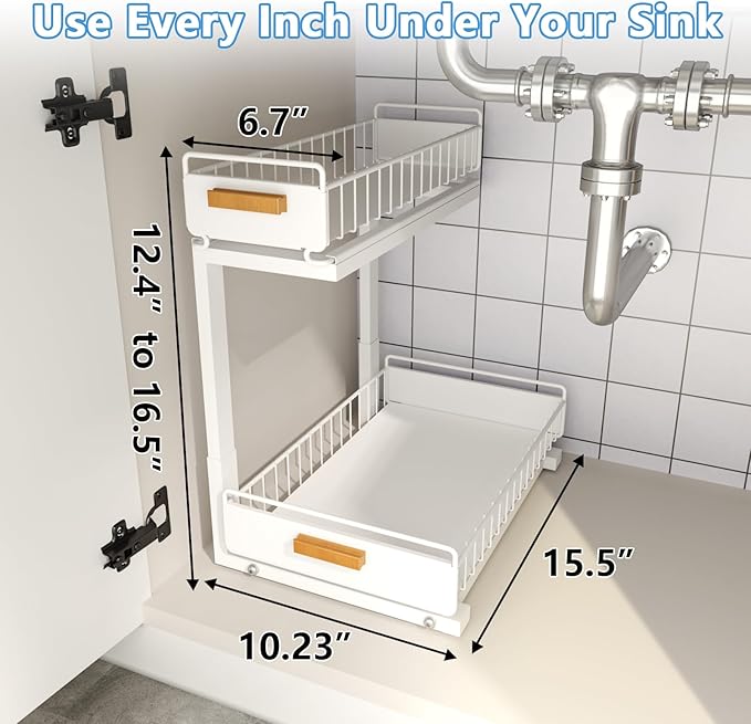 Under Sink Organizer Kitchen - Upgraded Professional Rails, 2 Tier Dual Pull Out Cabinet Storage, Height Adjustable Under Sin