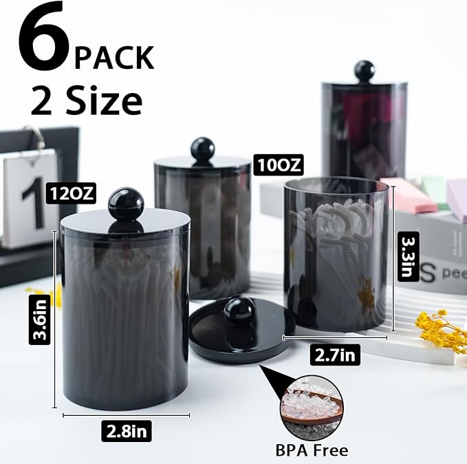 XIPENGKEJI 6 Pack Qtip Holder,Canister Apothecary Jar Set, Bathroom Jars with Lids Set for Cotton Swabs, Balls, Pads, Floss P