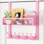 HapiRm Over The Door Hooks - Easy Installation Pink Door Hanger with Basket and 16 Hooks, 304 Stainless Steel Storage Organiz