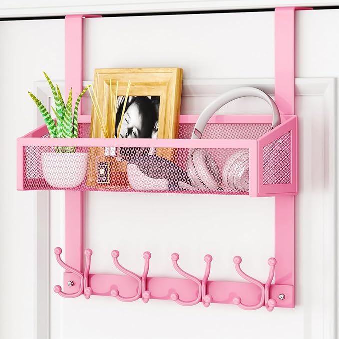 HapiRm Over The Door Hooks - Easy Installation Pink Door Hanger with Basket and 16 Hooks, 304 Stainless Steel Storage Organiz
