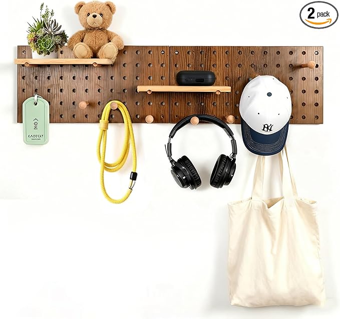 Brown Wood Pegboard Modular Display Wooden Pegboard Combination Wall Organizer Storage Wall Hooks Shelf for Home, Office, Bat