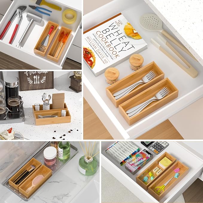 VeyFey Silverware Tray for Drawer, Stackable Kitchen Bamboo Drawer Organizer 9" x 3" x 2" Set of 2