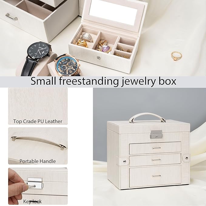 AKOZLIN 4-Tier Jewelry Box Lockable Leather Jewelry Storage Case Organizer with 3 Drawers for Women Girls Ring Necklace Earri