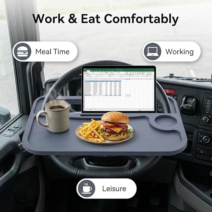 Steering Wheel Tray with Phone Slot & Drink Holder Suitable for Heavy-Duty Trucks/Trucks for Laptop use, Office Work and Meal Dining （Black）
