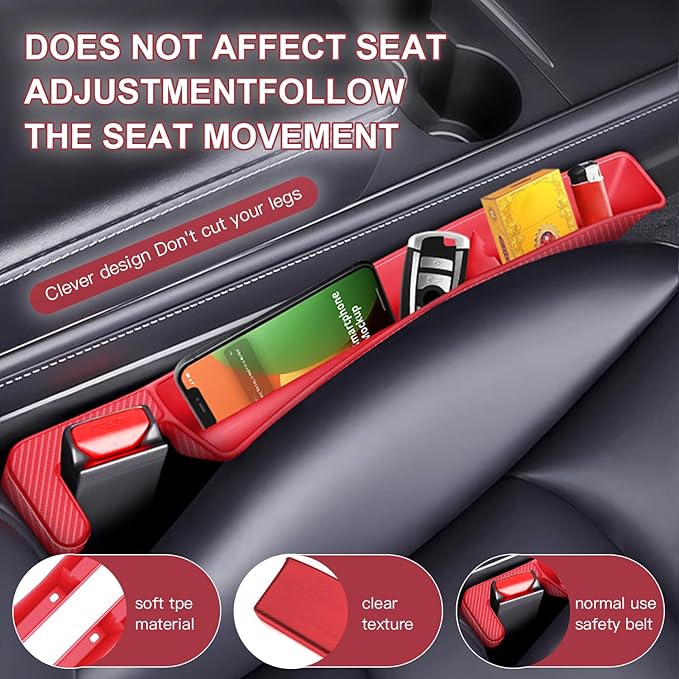 2PCS Car Seat Gap Filler Organizer,Multifunctional Car Gap Fillers with USB and Phone Holder, Universal Car Seat Storage Organizer Between Seats for Phone, Keys, Eyeglasses(Red)